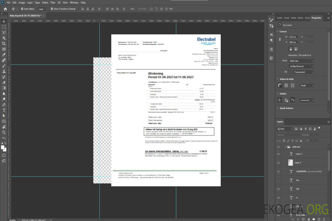 Facture commerciale du service public d'électricité d'Electrabel SA, SCR template